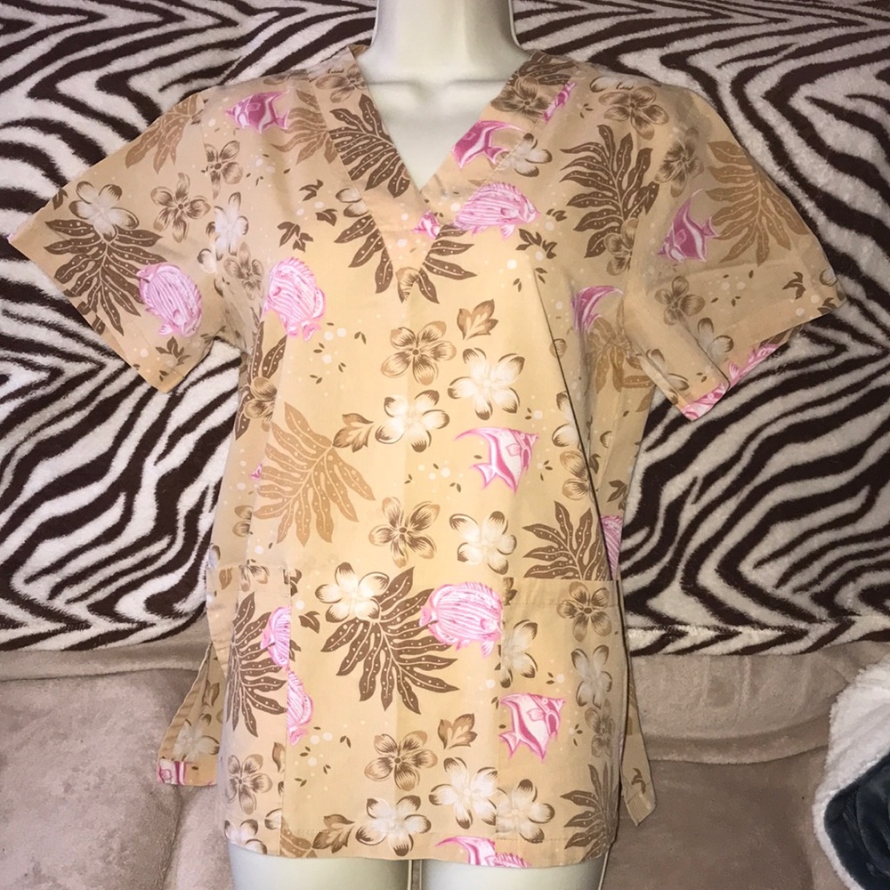 Brown tan white and pink size small scrub top 💕
